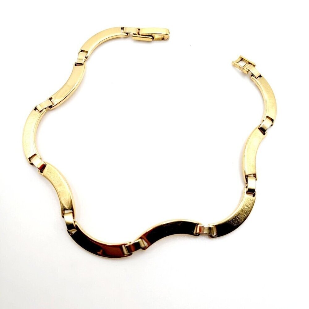 Vintage Wave Curved Link Station Chain Bracelet Gold Tone Fold Over Clasp VGC